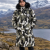 Urban Arctic camo waterproof changing robe with black faux fur hood and hues of olive green, black, white and grey. AI Generated image.