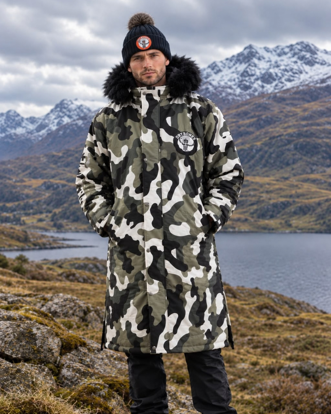 Urban Arctic camo waterproof changing robe with black faux fur hood and hues of olive green, black, white and grey. AI Generated image.