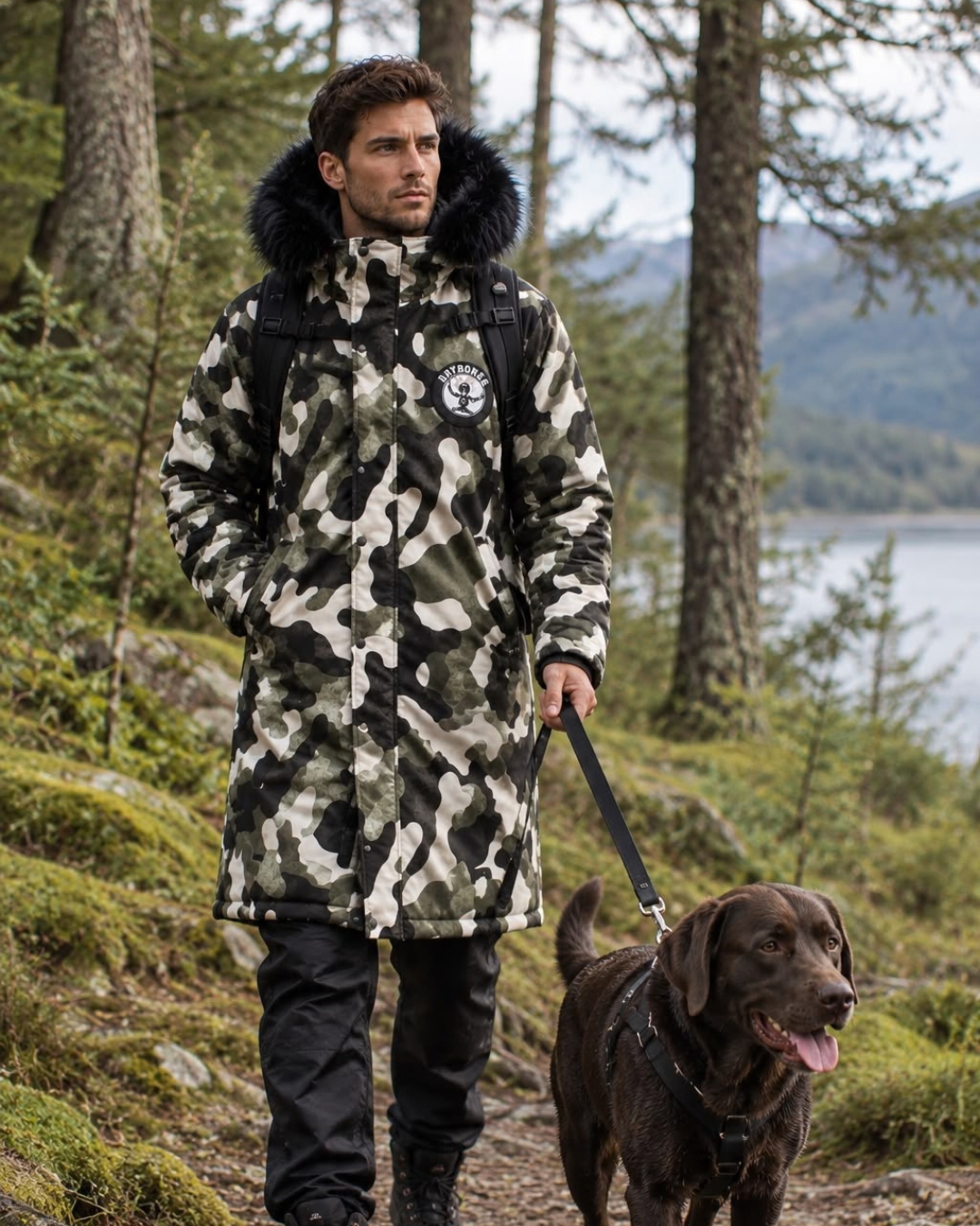Urban Arctic camo waterproof changing robe with black faux fur hood and hues of olive green, black, white and grey. AI Generated image.