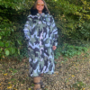 Urban Arctic camo robe with black faux fur hood and hues of olive green, black, white and grey