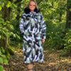 Urban Arctic camo waterproof changing robe with black faux fur hood and hues of olive green, black, white and grey