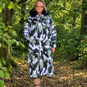 Urban Arctic camo waterproof changing robe with black fur hood and hues of olive green, black, white and grey